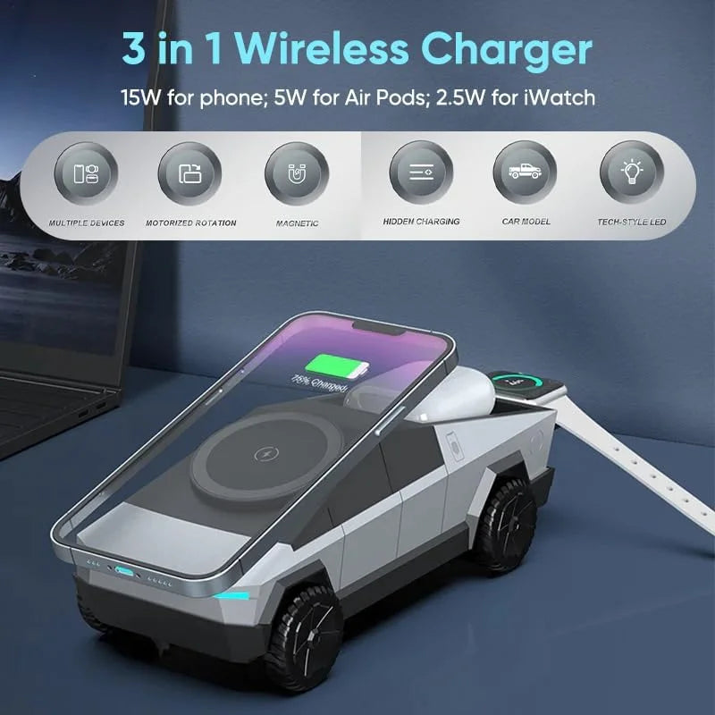 Desktop Cybertruck 3 in 1 Magnetic Fast Wireless Charger Phone Stand for Iphone 17 16 15 Pro Max Apple Samsung Watch Airpods Pro