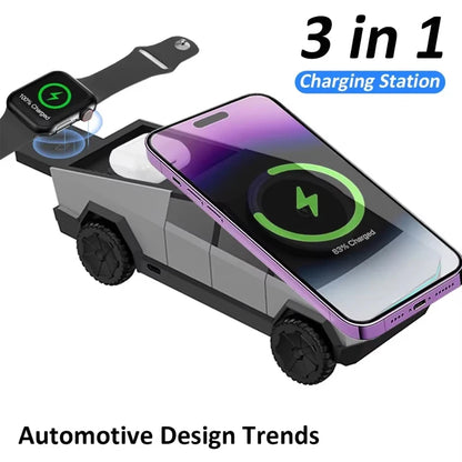 Desktop Cybertruck 3 in 1 Magnetic Fast Wireless Charger Phone Stand for Iphone 17 16 15 Pro Max Apple Samsung Watch Airpods Pro
