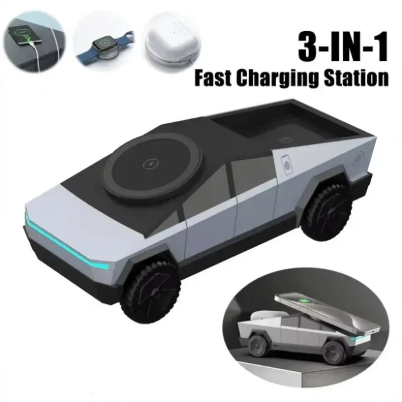 Desktop Cybertruck 3 in 1 Magnetic Fast Wireless Charger Phone Stand for Iphone 17 16 15 Pro Max Apple Samsung Watch Airpods Pro