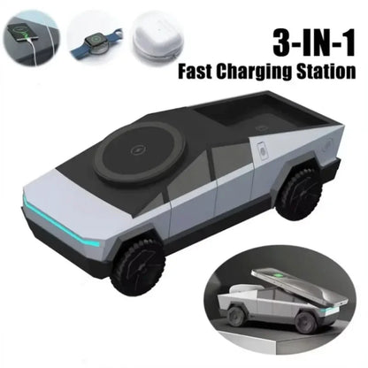 Desktop Cybertruck 3 in 1 Magnetic Fast Wireless Charger Phone Stand for Iphone 17 16 15 Pro Max Apple Samsung Watch Airpods Pro